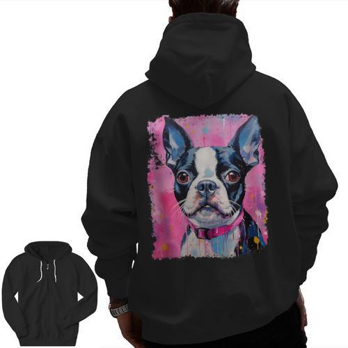 Dog Pink Boston Terrier Men Zip Up Hoodie Back Print - Bostonterriersmerch.com