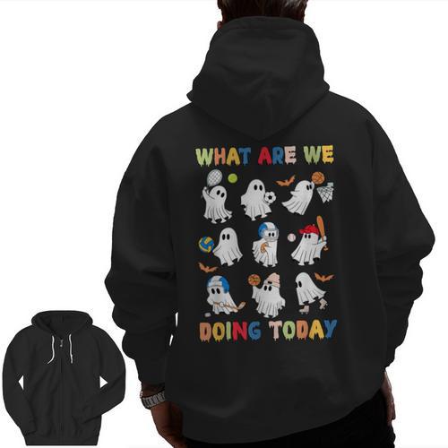What Are We Doing Today Ghost PE Teacher Team Halloween Men Zip Up Hoodie Back Print - teacherstshirts.com UK