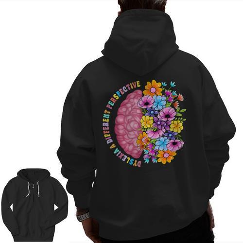 Dyslexia Different Perspective Reading Brain Floral Teacher Men Zip Up Hoodie Back Print - teacherstshirts.com DE