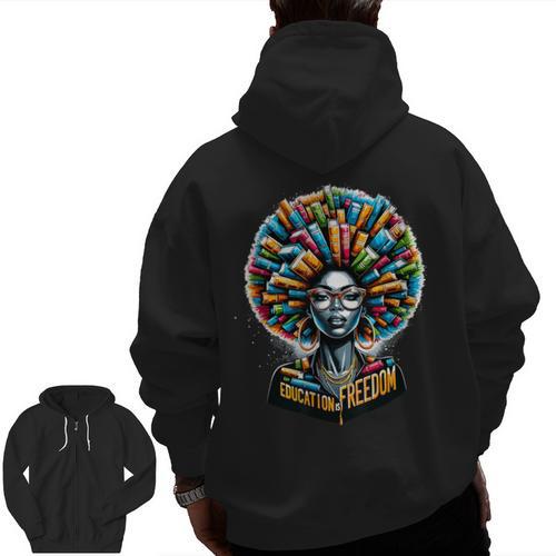 Education Is Freedom History Month Teacher Books Afro Men Zip Up Hoodie Back Print - teacherstshirts.com AU
