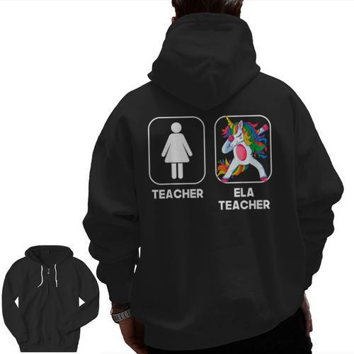 ELA Teacher Dabbing Unicorn Teacher Women Men Zip Up Hoodie Back Print - teacherstshirts.com UK