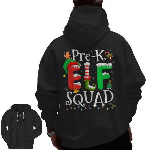 Elf Squad Pre-k Teacher Christmas Child Xmas Men Zip Up Hoodie Back Print - teacherstshirts.com UK