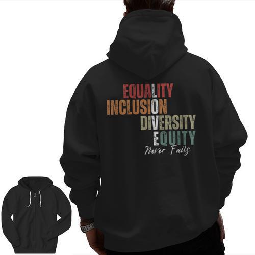 Equality Inclusion Diversity Equity Love Never Fails Teacher Men Zip Up Hoodie Back Print - teacherstshirts.com AU