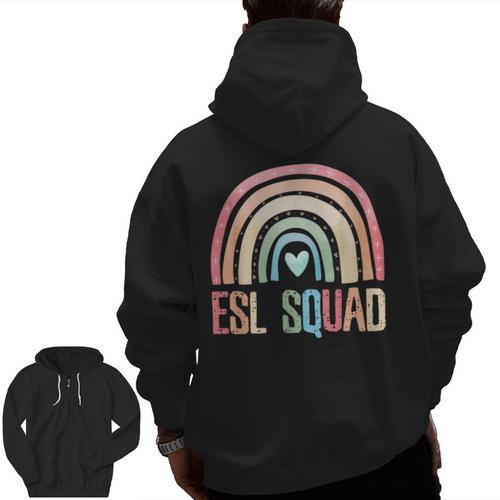 ESL Squad Teacher Crew Team Back To School English Rainbow Men Zip Up Hoodie Back Print - teacherstshirts.com AU
