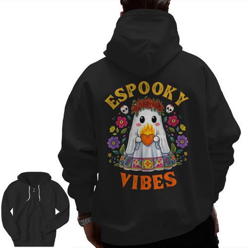 Espooky Vibes Spanish Mexican Halloween Ghost Teachers Men Zip Up Hoodie Back Print - teacherstshirts.com AU