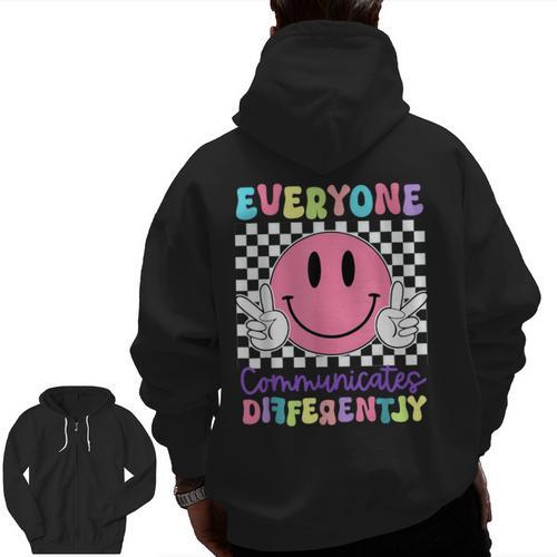 Everyone Communicates Differently Autism Awareness Teacher Men Zip Up Hoodie Back Print - teacherstshirts.com DE