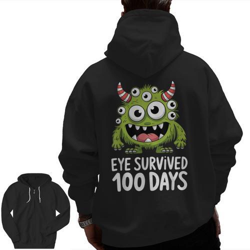Eye Survived 100 Days Of School Monster Lover Teacher Kids Men Zip Up Hoodie Back Print - teacherstshirts.com CA