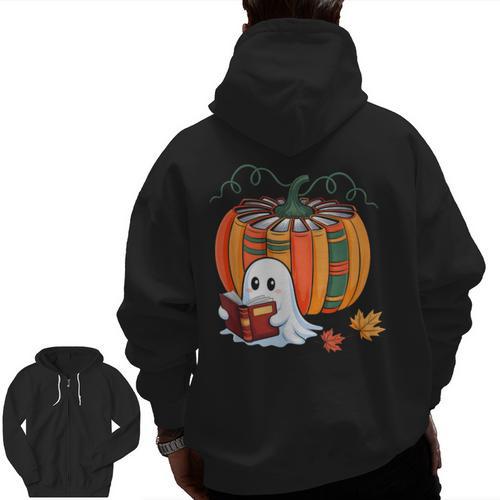 Fall Book Pumpkin Ghost Reading Books Halloween Teacher Men Zip Up Hoodie Back Print - teacherstshirts.com AU