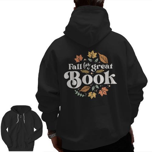 Fall For A Great Book Reading Librarian Autumn Teacher Men Zip Up Hoodie Back Print - teacherstshirts.com