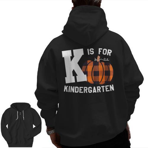 Fall Kindergarten Teacher K Is For Buffalo Plaid Pumpkin Men Zip Up Hoodie Back Print - teacherstshirts.com UK