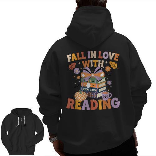 Fall In Love With Reading Halloween Stack Of Book Teacher Men Zip Up Hoodie Back Print - teacherstshirts.com AU