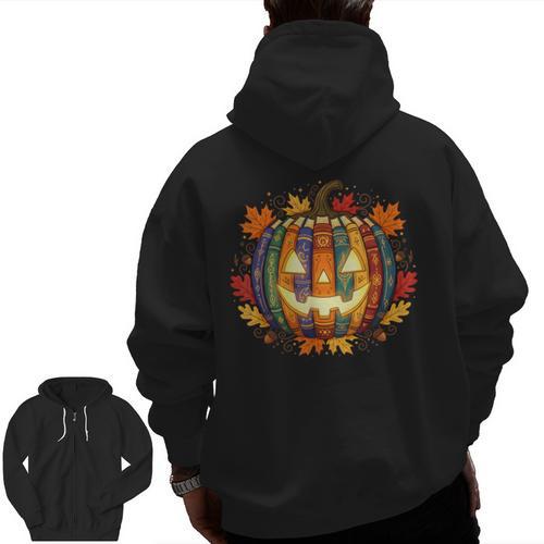 Fall Pumpkin Book Lover Spooky Librarian Teacher Halloween Men Zip Up Hoodie Back Print - teacherstshirts.com CA