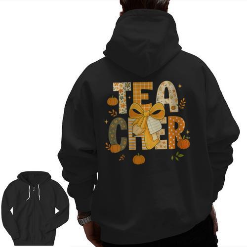 Fall Teacher Pumpkin Coquette Bow Autumn Classroom Men Zip Up Hoodie Back Print - teacherstshirts.com DE