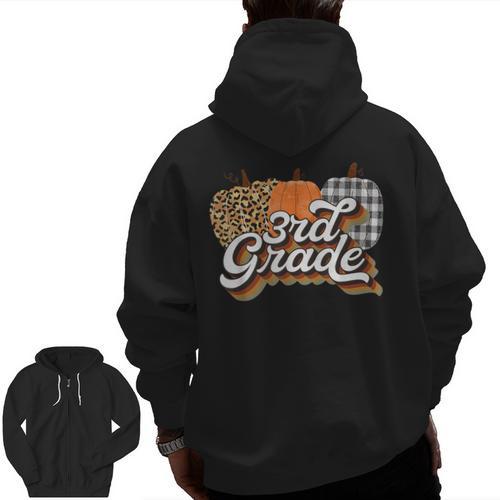 Fall Teacher Shirt 3rd Grade Teacher Retro Halloween Pumpkin Men Zip Up Hoodie Back Print - teacherstshirts.com UK