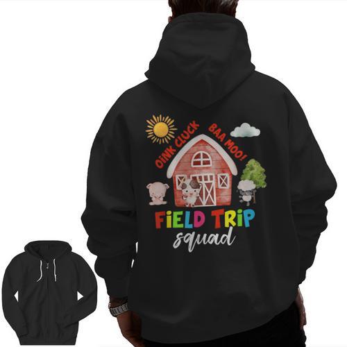 Farm Field Trip Squad Field Day 2025 Teachers Students Men Zip Up Hoodie Back Print - teacherstshirts.com UK