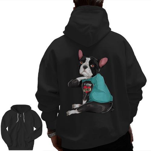 Father's Day Gift Dog Dad Boston Terrier i Love Dad Tattoo Men Zip Up Hoodie Back Print - Bostonterriersmerch.com