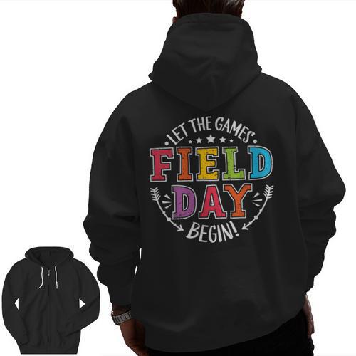 Field Day 2024 Let The Games Begin Teacher Kids Girls Boys Men Zip Up Hoodie Back Print - teacherstshirts.com AU