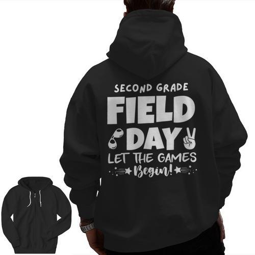 Field Day Second 2nd Grade Orange 2025 Boy Girl Teacher Men Zip Up Hoodie Back Print - teacherstshirts.com AU