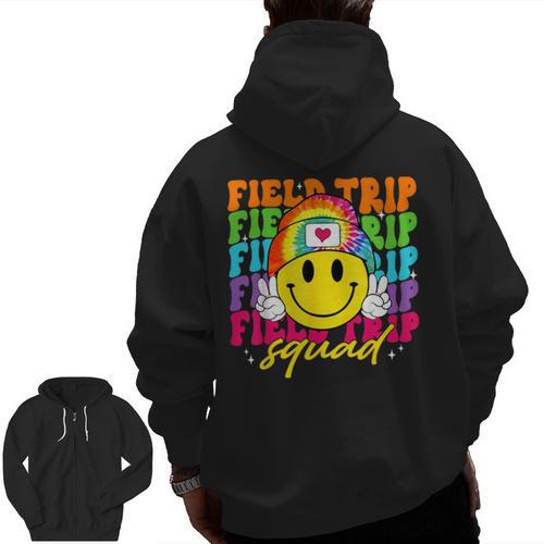 Field Trip Squad Groovy Field Day Smile Face Teacher Tie Dye Men Zip Up Hoodie Back Print - teacherstshirts.com UK