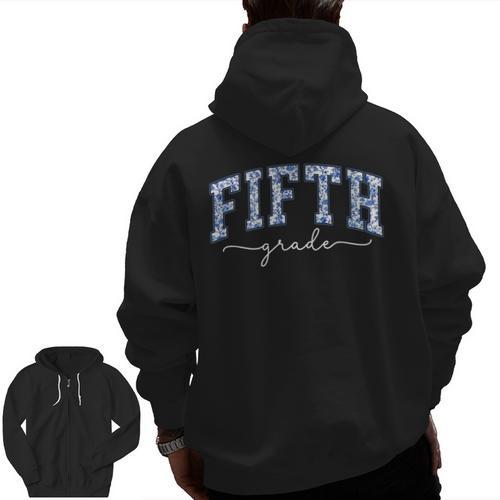 Fifth Grade Coquette Toile Blue Bow Floral Women Teacher Men Zip Up Hoodie Back Print - teacherstshirts.com UK