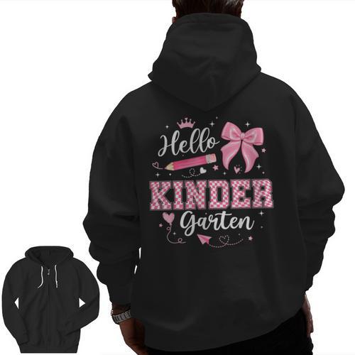 First Day Of School Teacher Girl Coquette Hello Kindergarten Men Zip Up Hoodie Back Print - teacherstshirts.com AU