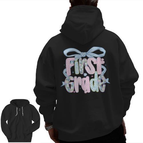 First Grade Coquette Bow Girls Teacher Team 1st Grade Squad Men Zip Up Hoodie Back Print - teacherstshirts.com AU