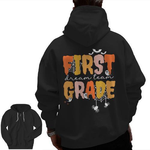First Grade Dream Retro Team Fall Halloween Spooky Teachers Men Zip Up Hoodie Back Print - teacherstshirts.com
