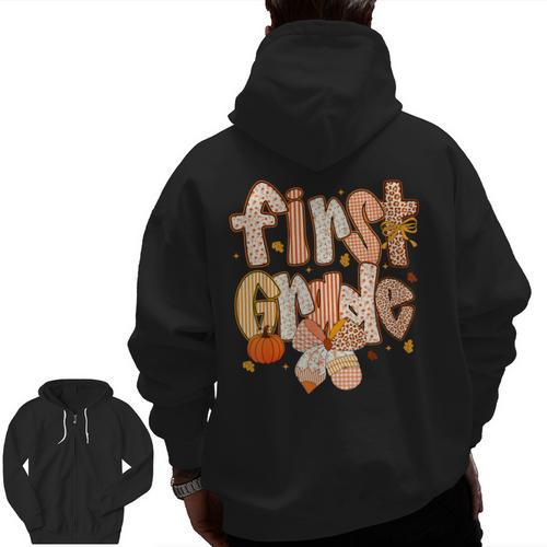 First Grade Fall Floral Coquette Bow Teachers Students Men Zip Up Hoodie Back Print - teacherstshirts.com CA