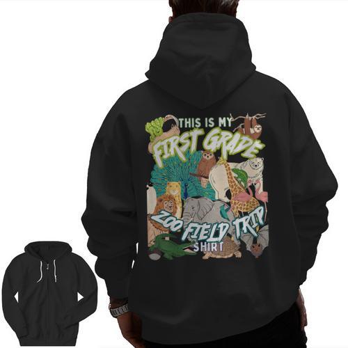 First Grade Zoo Field Trip Matching Student Teacher Class Men Zip Up Hoodie Back Print - teacherstshirts.com UK