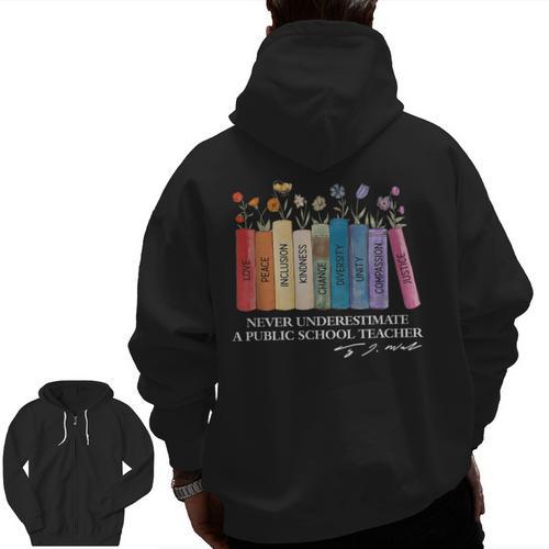 Floral Books Never Underestimate A Public School Teacher Men Zip Up Hoodie Back Print - teacherstshirts.com AU