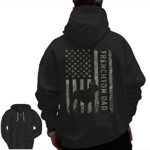 Frenchton Dad French Bulldog Boston Terrier Camo USA Flag Men Zip Up Hoodie Back Print - Bostonterriersmerch.com