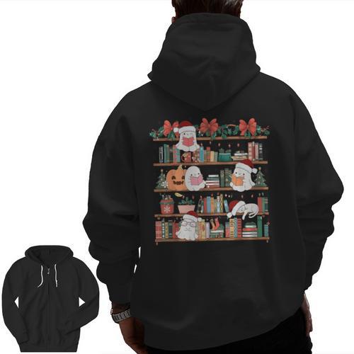 Ghost Christmas Reading Book Lover Library Christmas Teacher Men Zip Up Hoodie Back Print - teacherstshirts.com CA