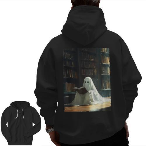 Ghost Library Halloween Book Reading Books Lover Teacher Men Zip Up Hoodie Back Print - teacherstshirts.com AU