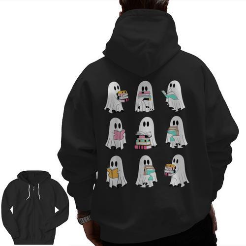 Ghost Reading Books Spooky Librarian Teacher Women Men Zip Up Hoodie Back Print - teacherstshirts.com