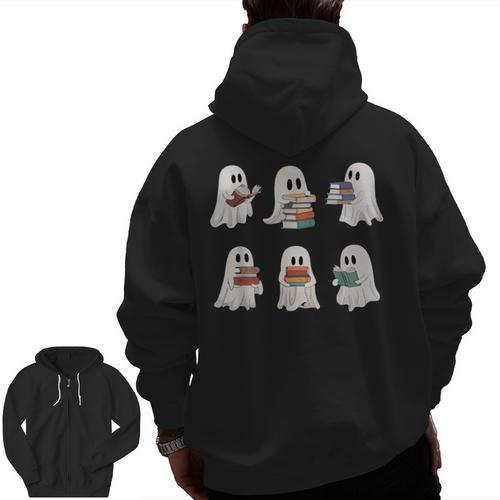 Ghost Reading Books Teacher Halloween Librarian Cute Boook Men Zip Up Hoodie Back Print - teacherstshirts.com AU