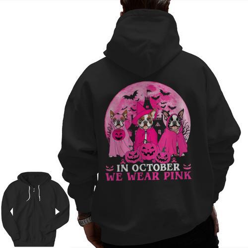 Ghost And Witch Boston Terrier Dog In October We Wear Pink Men Zip Up Hoodie Back Print - Bostonterriersmerch.com