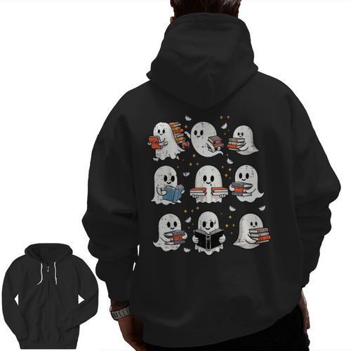 Ghosts With Books Library Halloween Men Women Kids Teacher Men Zip Up Hoodie Back Print - teacherstshirts.com