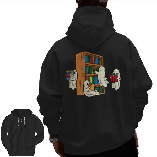 Ghosts Reading Books Teacher Halloween Librarian Boooks Men Zip Up Hoodie Back Print - teacherstshirts.com AU