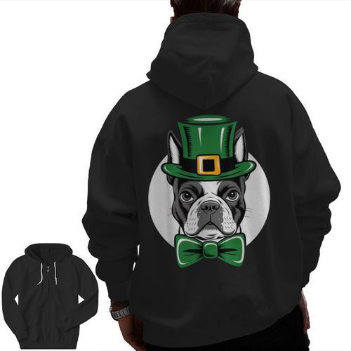 Green Boston Terrier Shamrock St Patricks Day Boston Terrier Men Zip Up Hoodie Back Print - Bostonterriersmerch.com