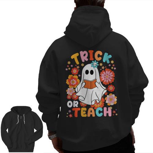 Groovy Halloween Trick Or Teach Retro Floral Ghost Teacher For Men Women Kids Men Zip Up Hoodie Back Print - teacherstshirts.com AU