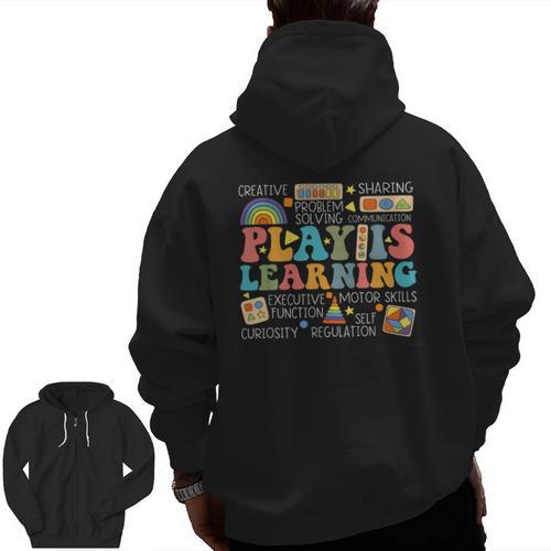 Groovy Play Is Learning Kindergarten Teacher Appreciation Men Zip Up Hoodie Back Print - teacherstshirts.com UK