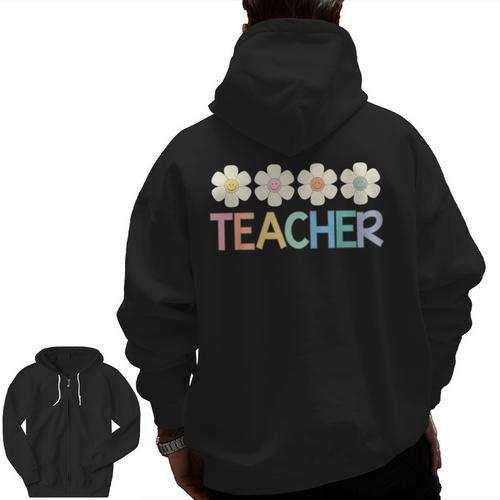 Groovy Teacher Cute Daisy Flower Retro Back To School Men Zip Up Hoodie Back Print - teacherstshirts.com UK