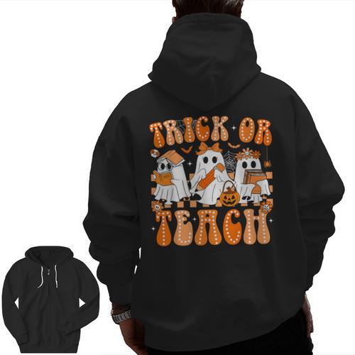 Groovy Teacher Halloween Trick Or Teach Ghost Men Women Kids Men Zip Up Hoodie Back Print - teacherstshirts.com UK
