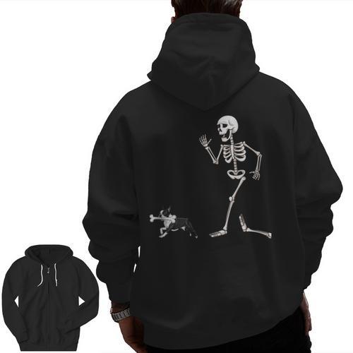Halloween Boston Terrier And Skeleton Men Zip Up Hoodie Back Print - Bostonterriersmerch.com