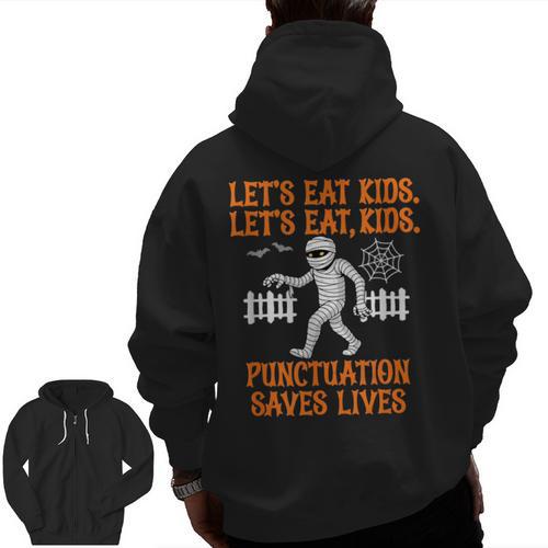 Halloween Lets Eat Kids Punctuation Teacher Men Zip Up Hoodie Back Print - teacherstshirts.com AU