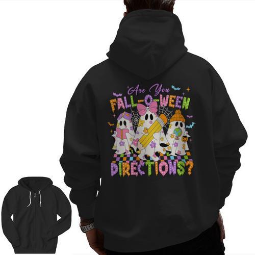Halloween Floral Ghost Teacher Are You Falloween Directions Men Zip Up Hoodie Back Print - teacherstshirts.com