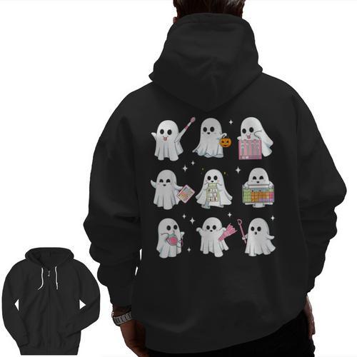 Halloween Ghost Speech Therapy SLP Fall Teacher Tee Men Zip Up Hoodie Back Print - teacherstshirts.com