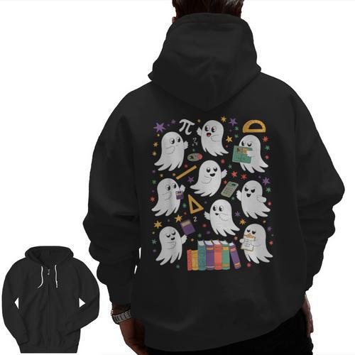 Halloween Math Teacher Ghost Math Teacher Spooky Halloween Men Zip Up Hoodie Back Print - teacherstshirts.com AU