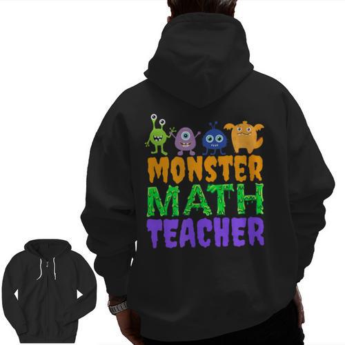 Halloween Monster Math Teacher Men Women Men Zip Up Hoodie Back Print - teacherstshirts.com UK