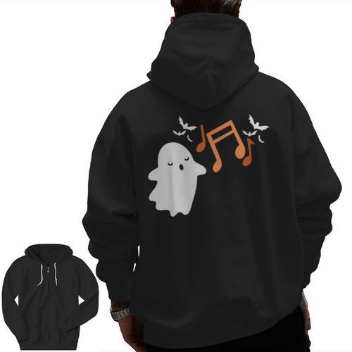 Halloween Music Note Ghost Teacher Fall Musical Instrument Men Zip Up Hoodie Back Print - teacherstshirts.com CA